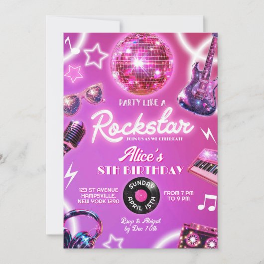 Invitation Neon rose violet Rockstar Ado Fille fête d'anniver (Devant)
