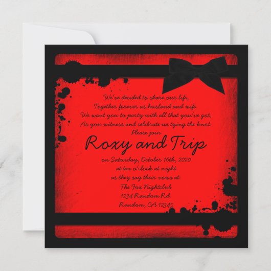 Invitation Neon rouge grunge noir ruban mariage invite (Devant)