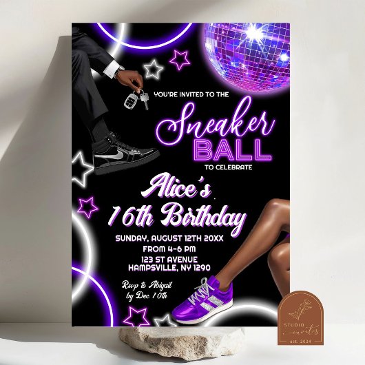 Invitation Neon Silver Purple Basket Ball Disco Anniversaire