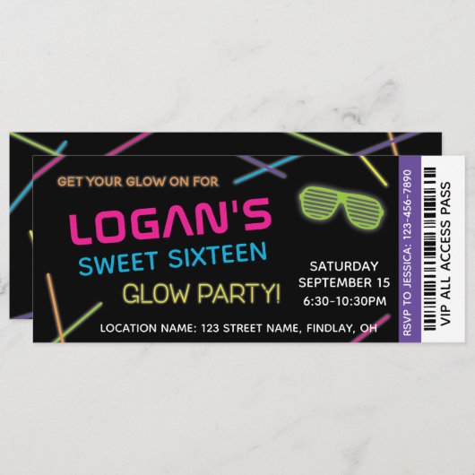 Invitation Neon Sweet 16 Anniversaire Glow Party (Devant / Derrière)