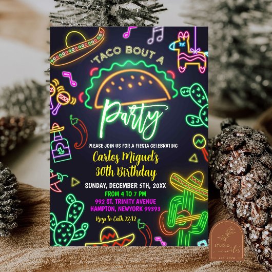Invitation Neon Taco Mexican Adult Anniversaire Party