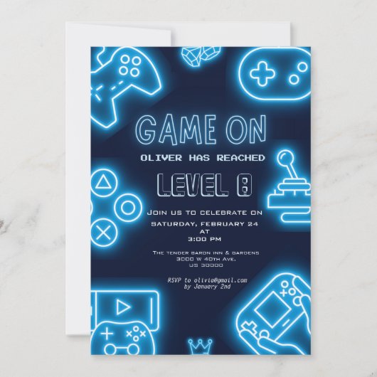 Invitation Neon Toute année jeux vidéo anniversaire (Devant)