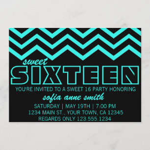Invitation Neon Turquoise et Black Chevron Sweet 16 Invitatio