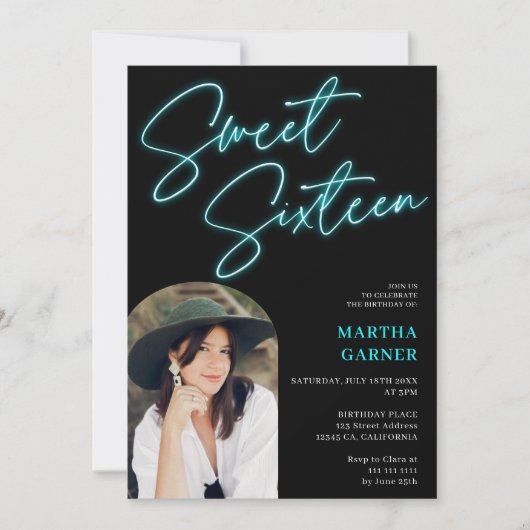 Invitation Neon turquoise panneau bleu script amusant arche p (Devant)