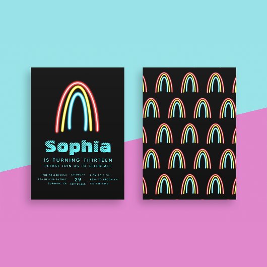 Invitation Neon Turquoise Rainbow fête d'anniversaire