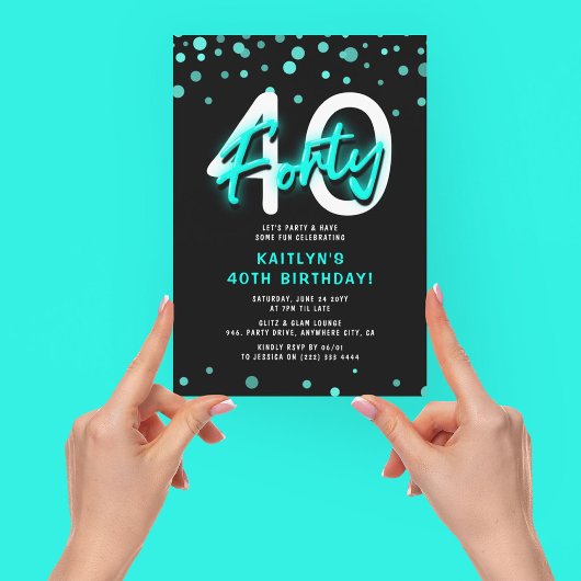Invitation Neon Turquoise Trente 40e fête d'anniversaire