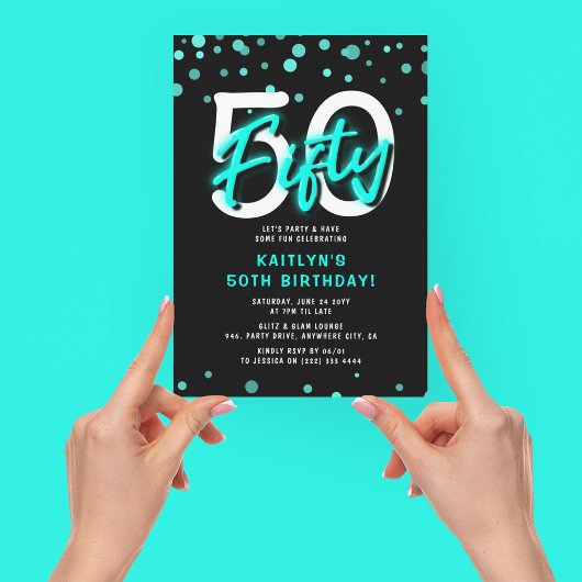 Invitation Neon Turquoise Trente 50e fête d'anniversaire