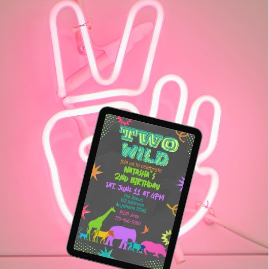Invitation Neon Two Wild Animals 2nd Birthday