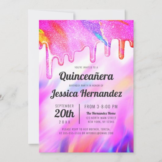 Invitation Neon Unicorn Holographic Parties scintillant Drip (Devant)