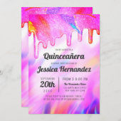 Invitation Neon Unicorn Holographic Parties scintillant Drip (Devant / Derrière)