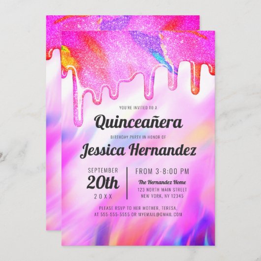 Invitation Neon Unicorn Holographic Parties scintillant Drip (Devant / Derrière)