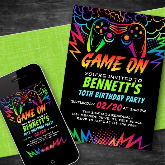Invitation Neon Video Game Controller Anniversaire