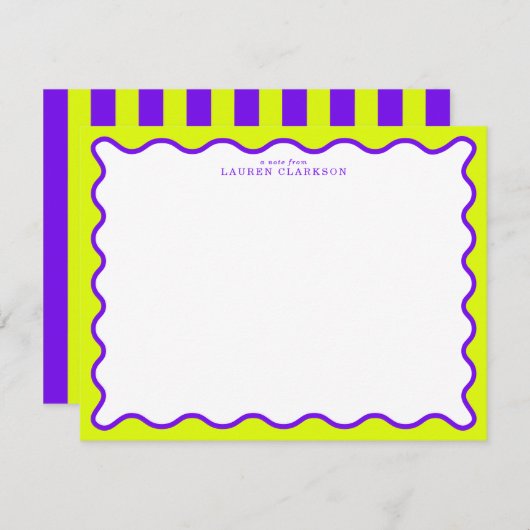 Invitation Neon Yellow-Green & Purple Wavy Note Card (Devant / Derrière)