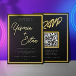 Invitation Neon Yellow Lights Black Modern RSVP Mariage<br><div class="desc">Faites sien votre mariage avec ces invitations cool de JessicaAmber. Cette carte présente un script jaune néon pour les noms du couple marié. Le lettrage blanc moderne expose les détails du mariage, y compris l'emplacement, la date et l'heure. Au verso se trouve un code QR qui peut être lié à...</div>