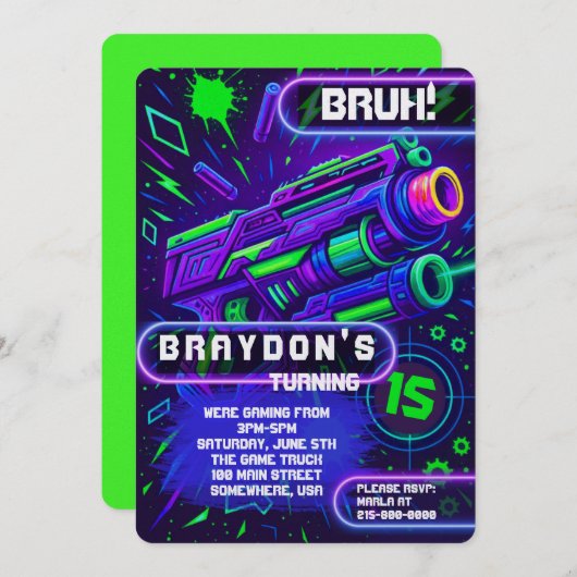 Invitation Nerf Gun Laser Tag GAMING Birthday Party (Devant / Derrière)