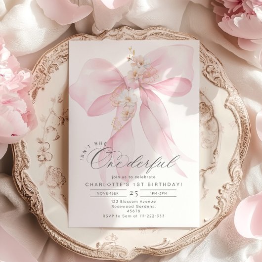 Invitation N'est-elle pas magnifique Bow rose fille 1er anniv