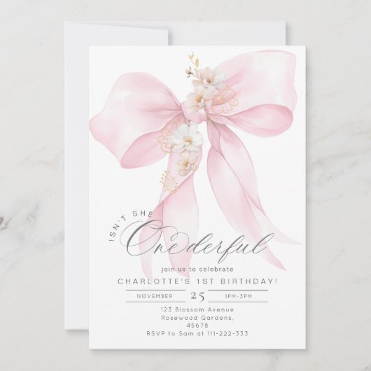 Invitation N'est-elle pas magnifique Bow rose fille 1er anniv (Devant)