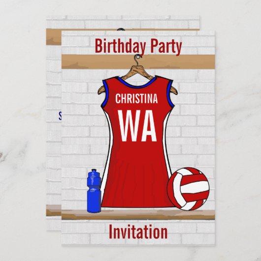 Invitation Netball personnalisé en rouge uniforme avec bleu e (Devant / Derrière)