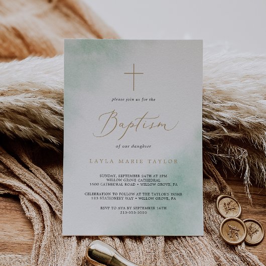 Invitation Nettoyage aquarelle | Baptême vert et or