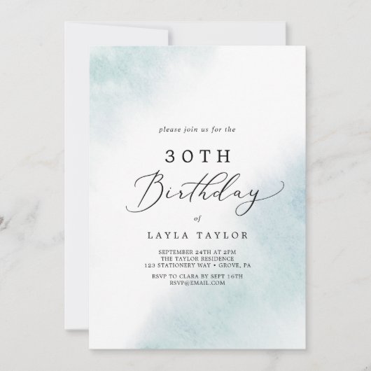 Invitation Nettoyage aquarelle | Blue 30th Birthday (Devant)