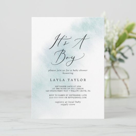 Invitation Nettoyage aquarelle | Blue C'est un Baby shower ga (Debout devant)