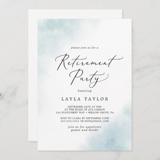 Invitation Nettoyage aquarelle | Blue Retirement Party (Devant / Derrière)