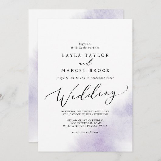 Invitation Nettoyage aquarelle | Mariage violet (Devant / Derrière)