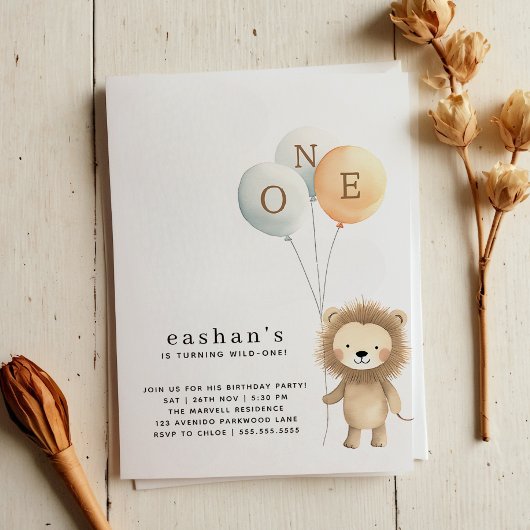 Invitation Nettoyer minimaliste mignon petit lion 1er anniver