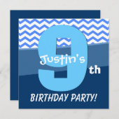 Invitation Neuf Anniversaire Motif Bleu Pour Garçon V06H2 (Devant / Derrière)