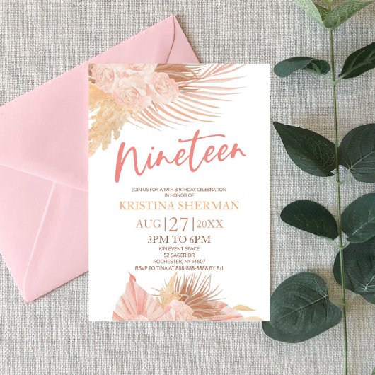 Invitation Neuf Boho rose Floral 19e fête d'anniversaire