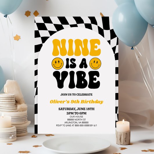 Invitation Neuf Est Une Vibe Retro Première 9ème Fête Anniver