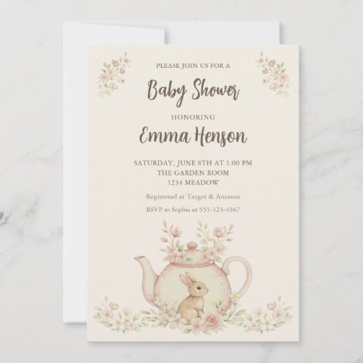 Invitation Neutral Bunny & Floral Teapot Baby Shower (Devant)