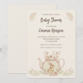 Invitation Neutral Bunny & Floral Teapot Baby Shower (Devant / Derrière)