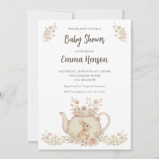 Invitation Neutral Bunny & Floral Teapot Baby Shower  (Devant)