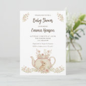 Invitation Neutral Bunny & Floral Teapot Baby Shower  (Debout devant)