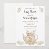 Invitation Neutral Bunny & Floral Teapot Baby Shower  (Devant / Derrière)