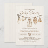 Invitation Neutral Clothes Baby Shower Striped (Devant / Derrière)