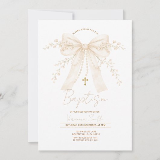 Invitation Neutral Cream Bow Cross Baptism Christening (Devant)