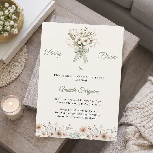 Invitation Neutral florals green ivory bloom Baby Shower