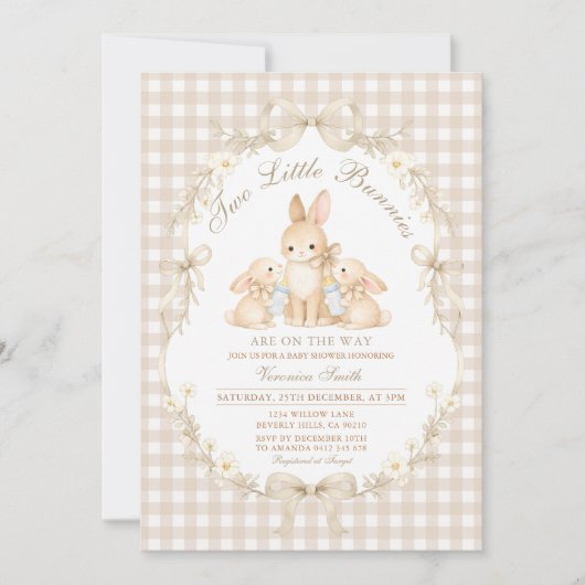 Invitation Neutral Gingham Bunnies Twins Baby Shower (Devant)