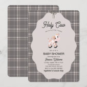 Invitation Neutral Gingham Holy Cow Farm Animals Baby Shower  (Devant / Derrière)