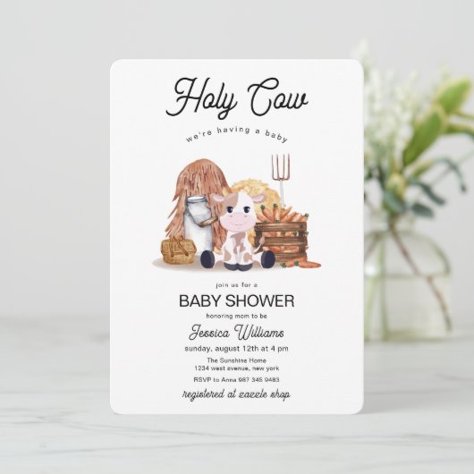 Invitation Neutral Holy Cow Farm Animals Baby Shower (Debout devant)