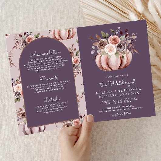 Invitation Neutral Pumpkin Floral QR Code Pale Purple Wedding