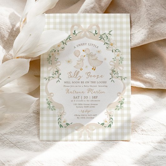Invitation Neutral Silly Goose Beige Bow Gingham Baby Shower