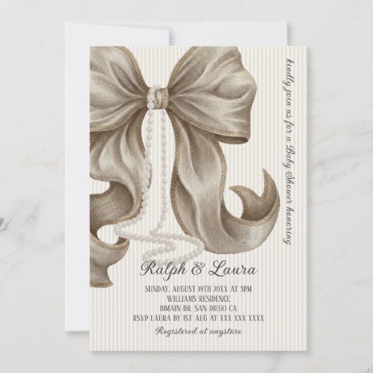 Invitation Neutral Striped Bow Girl Baby Shower (Devant)