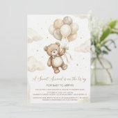 Invitation Neutral Teddy Bear Baby Shower bow Green Balloons (Debout devant)