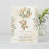 Invitation Neutral Teddy Bear Baby Shower flower Green (Debout devant)