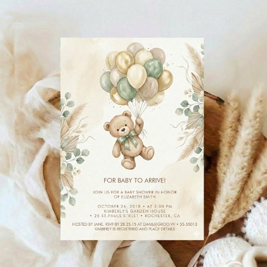 Invitation Neutral Teddy Bear Baby Shower flower Green