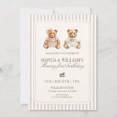 Invitation Neutral Twin Beary First Birthday Teddy Bear (Devant)