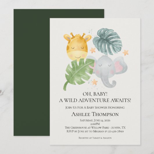 Invitation Neutral Watercolor Jungle Animals Baby Shower (Devant / Derrière)